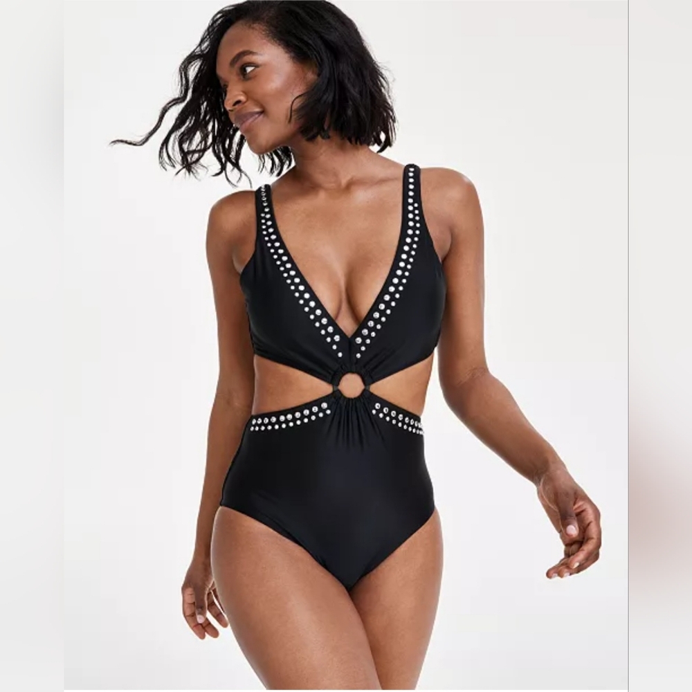 $94 Bar III Studded Monokini One-Piece Swimsuit with Side Cut-Outs, XS
